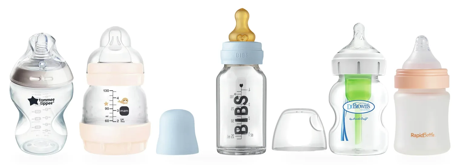 Nuby, MAM, Tommee Tippee, Dr Brown's and BIBS bottles included in the box